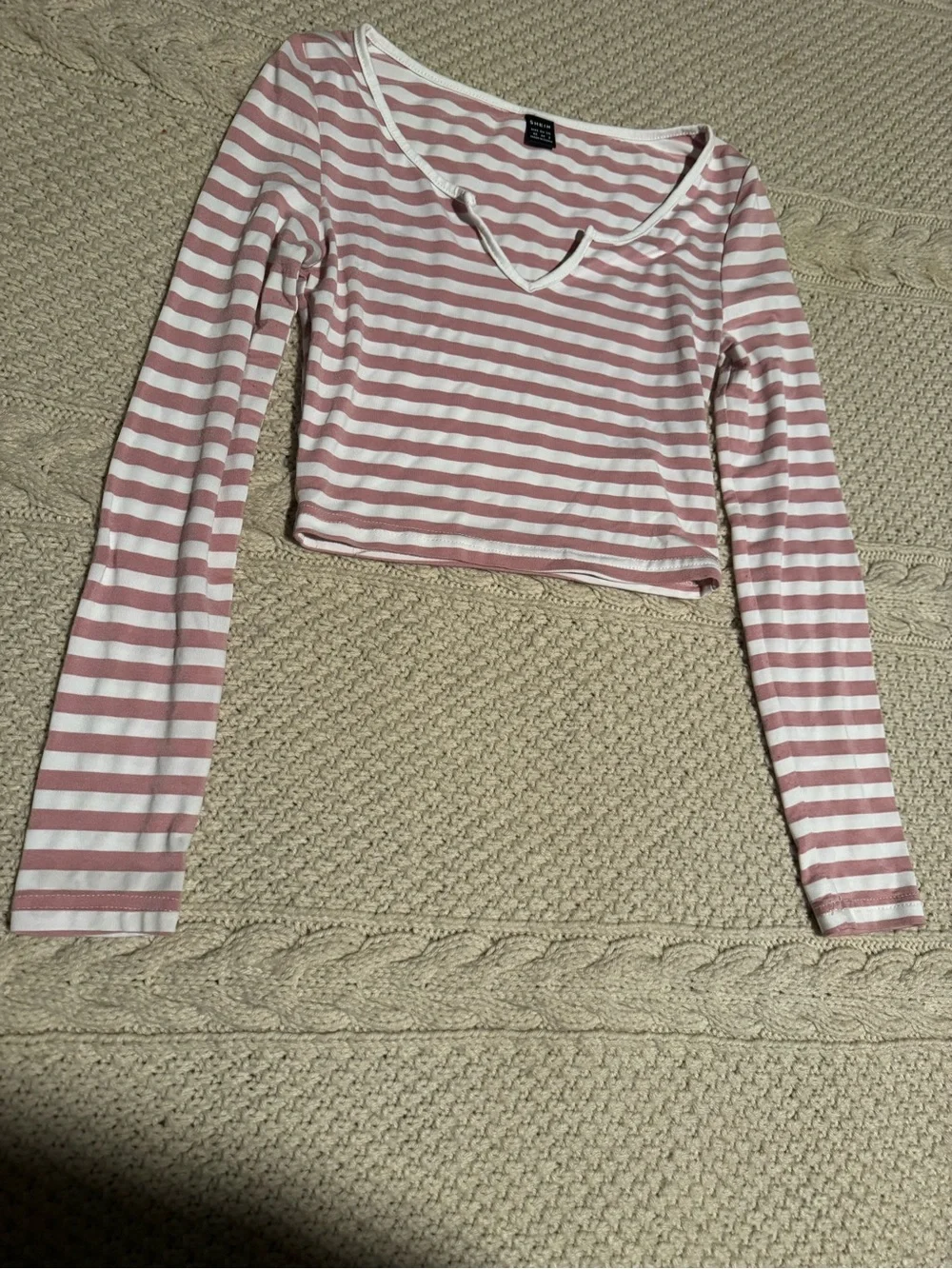 SHEIN Pink & White Striped V-Neck Long Sleeve Crop Top
